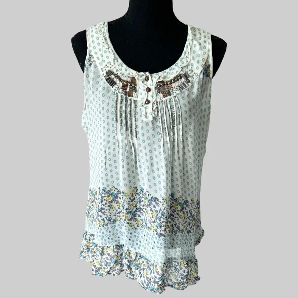 ROCHA John Rocha Boho Sleeveless Ruffles Beaded Lightweight Blouse
